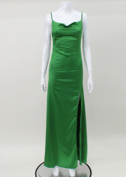 Sexy Green Slash Neck Silk Long Spaghetti Strap Dress Sleeveless