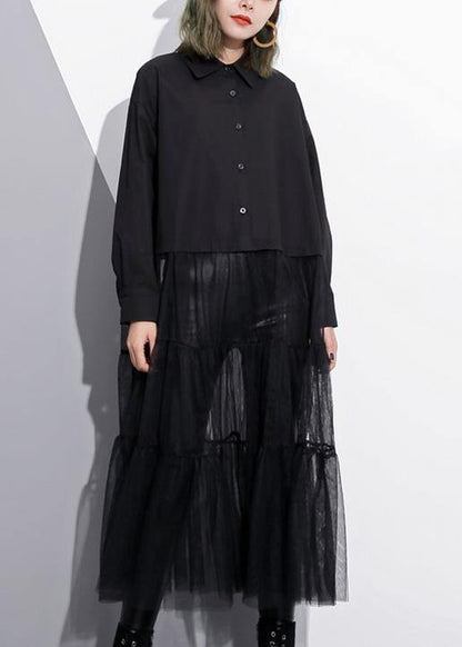 Modern black Cotton patchwork tulle fine Runway lapel false two pieces cotton Summer Dresses