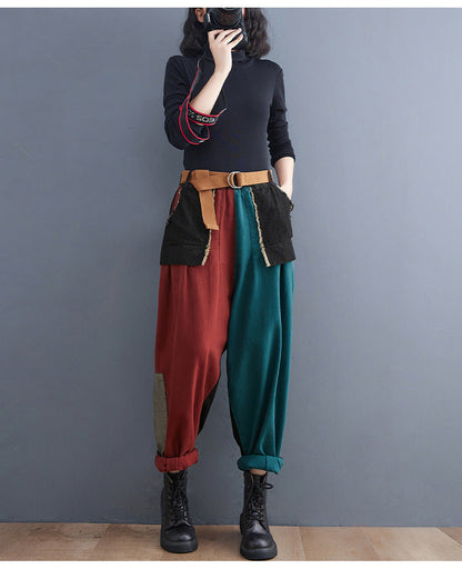 New Literary Plus Size Stitching Denim Harem Pants