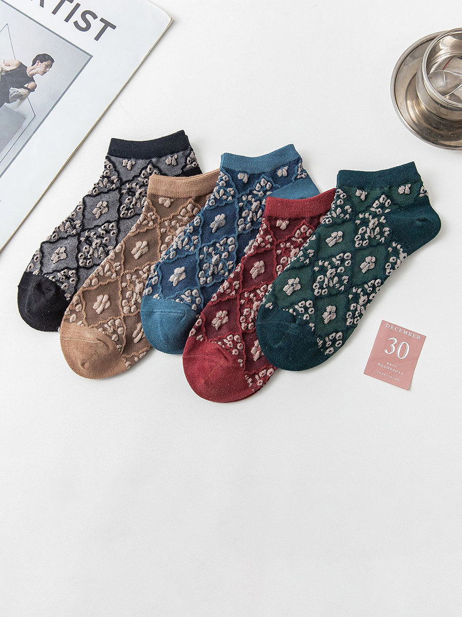 5 Pairs Women Pure Cotton Floral Vintage Boat Socks