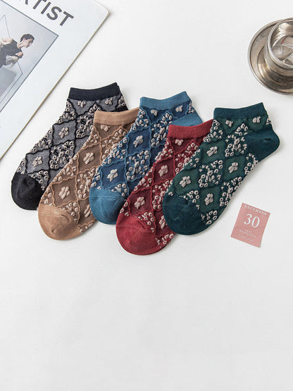 5 Pairs Women Pure Cotton Floral Vintage Boat Socks