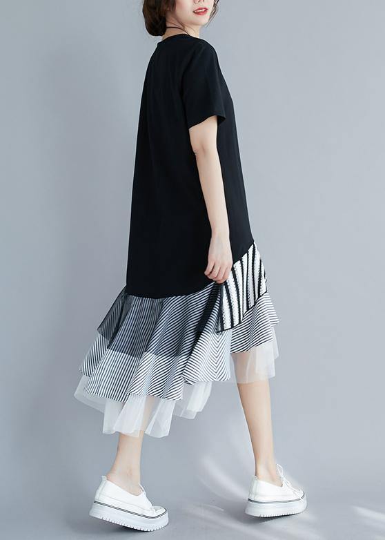 Loose black dress for women o neck asymmetric Dress