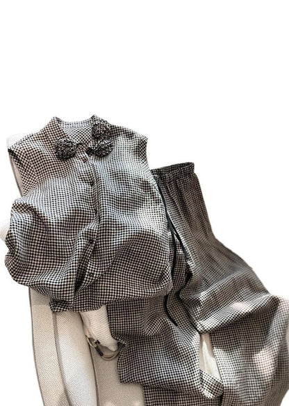 New Plaid Floral Button Cotton Two Pieces Set Sleeveless