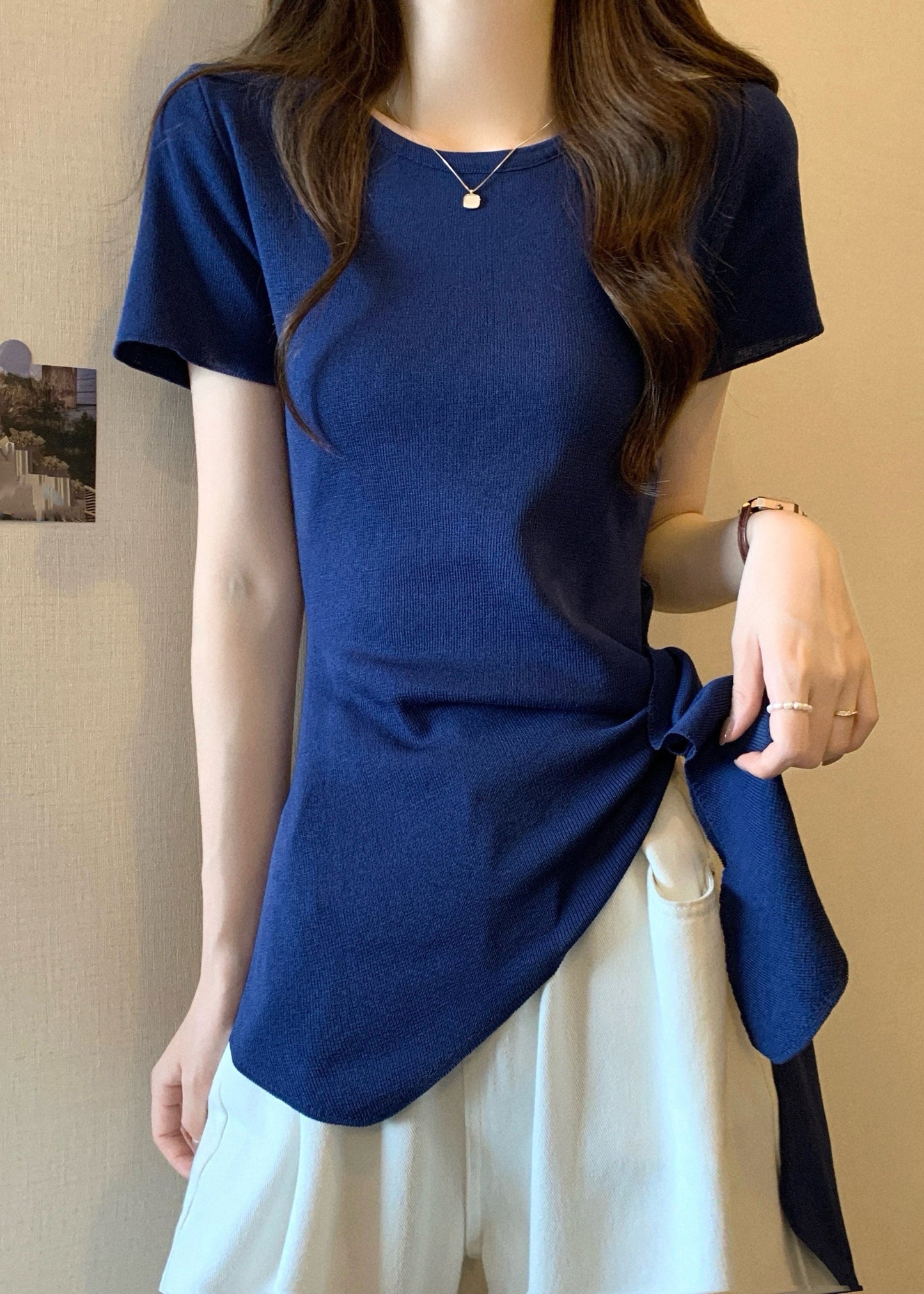 Slim Fit Yellow O-Neck Asymmetrical Hollow Out Bow Top Summer