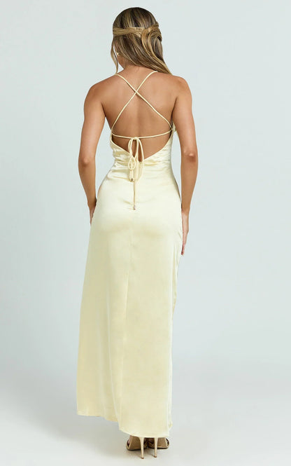 Heidi Maxi Dress - Satin Ruched Bust Tie Back Dress In Lemon