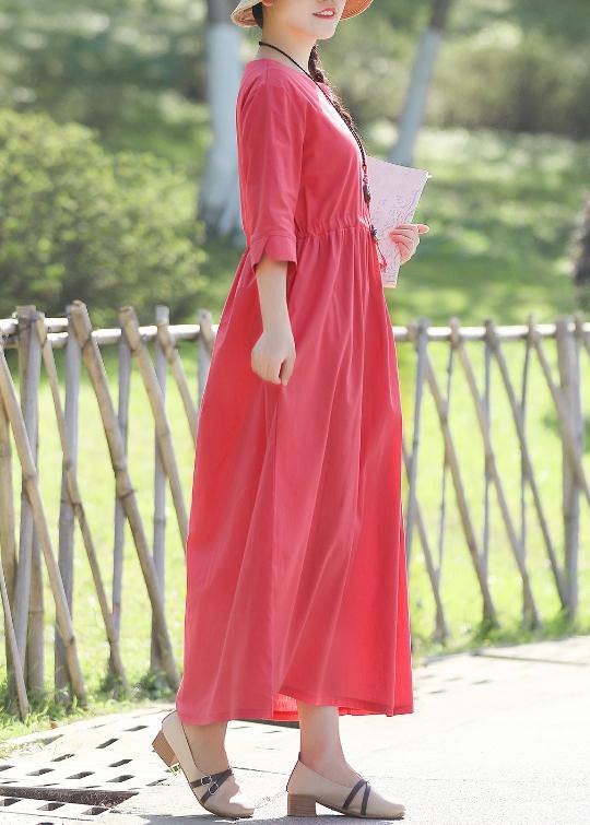 Elegant red linen cotton dresses Indian pattern v neck Three Quarter sleeve Love Summer Dress