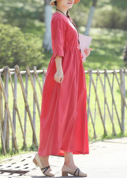 Elegant red linen cotton dresses Indian pattern v neck Three Quarter sleeve Love Summer Dress