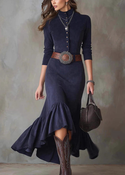 French Navy Wrinkled Button Solid Faux Suede Long Dress Spring