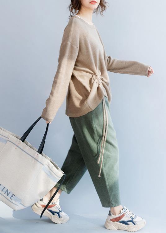 Chunky o neck khaki knit sweat tops fall fashion drawstring knit