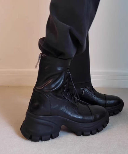 Fashion Black Sheepskin Splicing Lace Up Boots