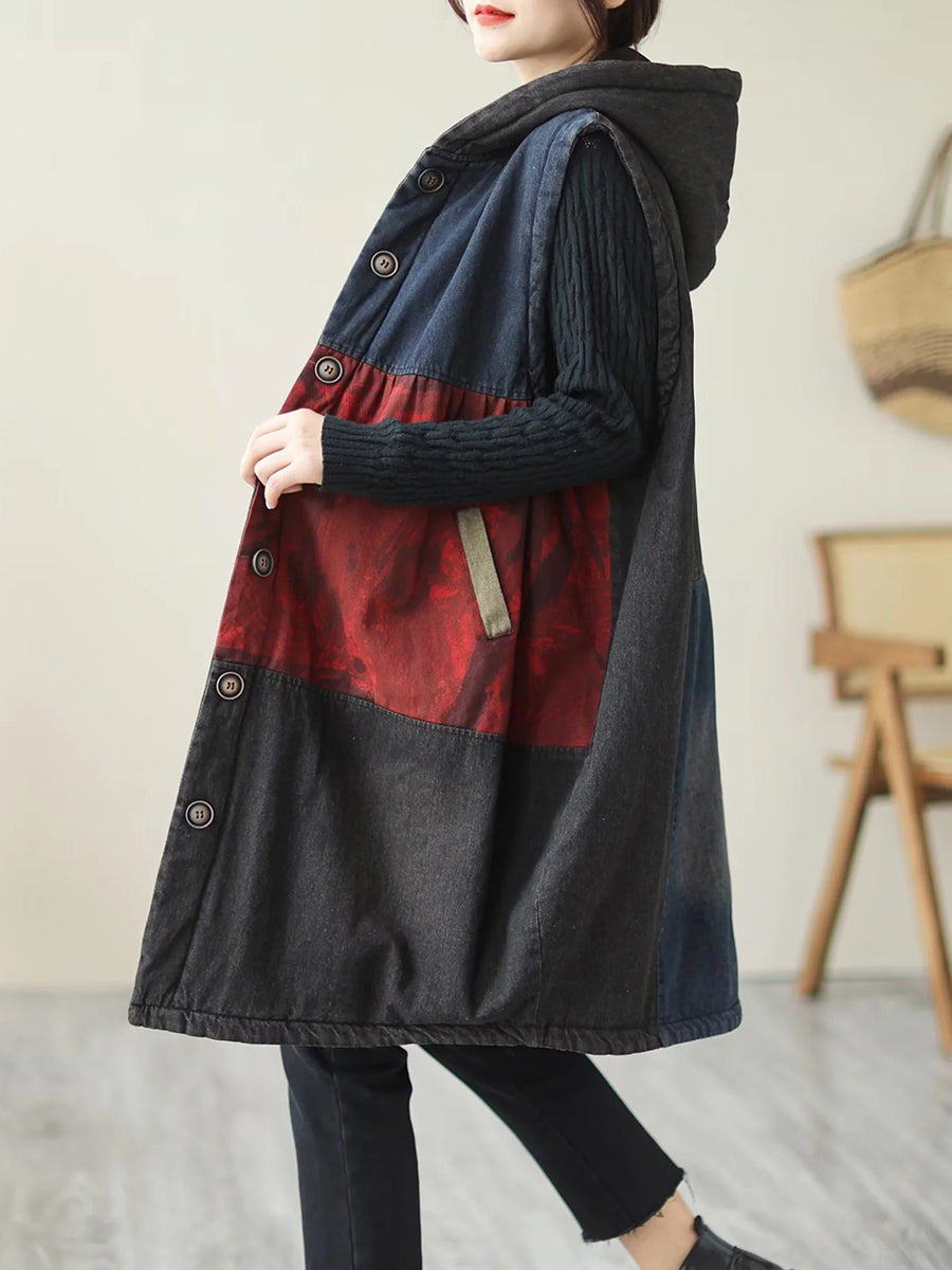 Women Winter Casual  Colorblock Hooded Mid Length Waist Coat