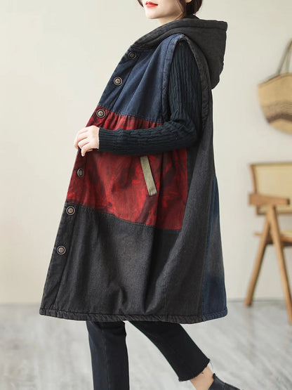 Women Winter Casual  Colorblock Hooded Mid Length Waist Coat