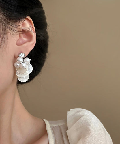 Women White Silver Pearl Shell TasselDrop Earring