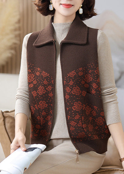 Casual Coffee Peter Pan Collar Pockets Knit Waistcoat Sleeveless