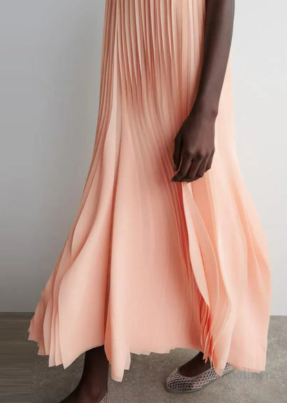 Women Apricot Wrinkled Chiffon Long Dress Sleeveless