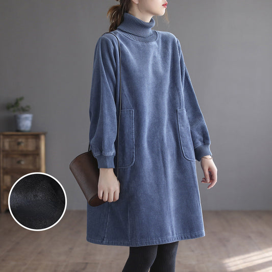 Corduroy Solid Color Plus Velvet Thick Loose Turtleneck Top