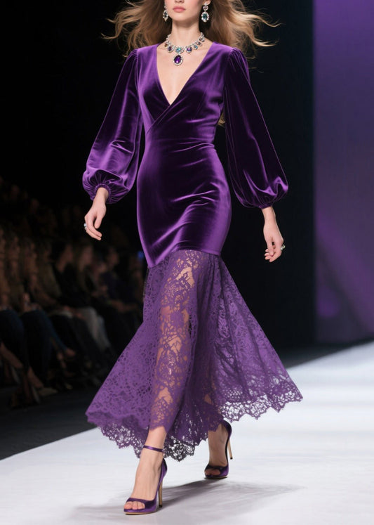 Art Purple V Neck Patchwork Lace Silk Velvet Wraped Dresses Spring