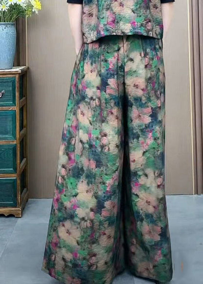 Plus Size Green Elastic Waist Print Ice Silk Wide Leg Pants