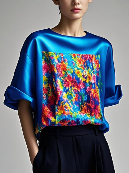 Fitted pink Patchwork silk tops Summer