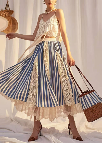 Modern Blue Striped Patchwork Lace Holiday Skirt Summer