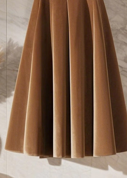 Elegant Coffee High Waist Sashes Silk Velvet Maxi Skirt Spring