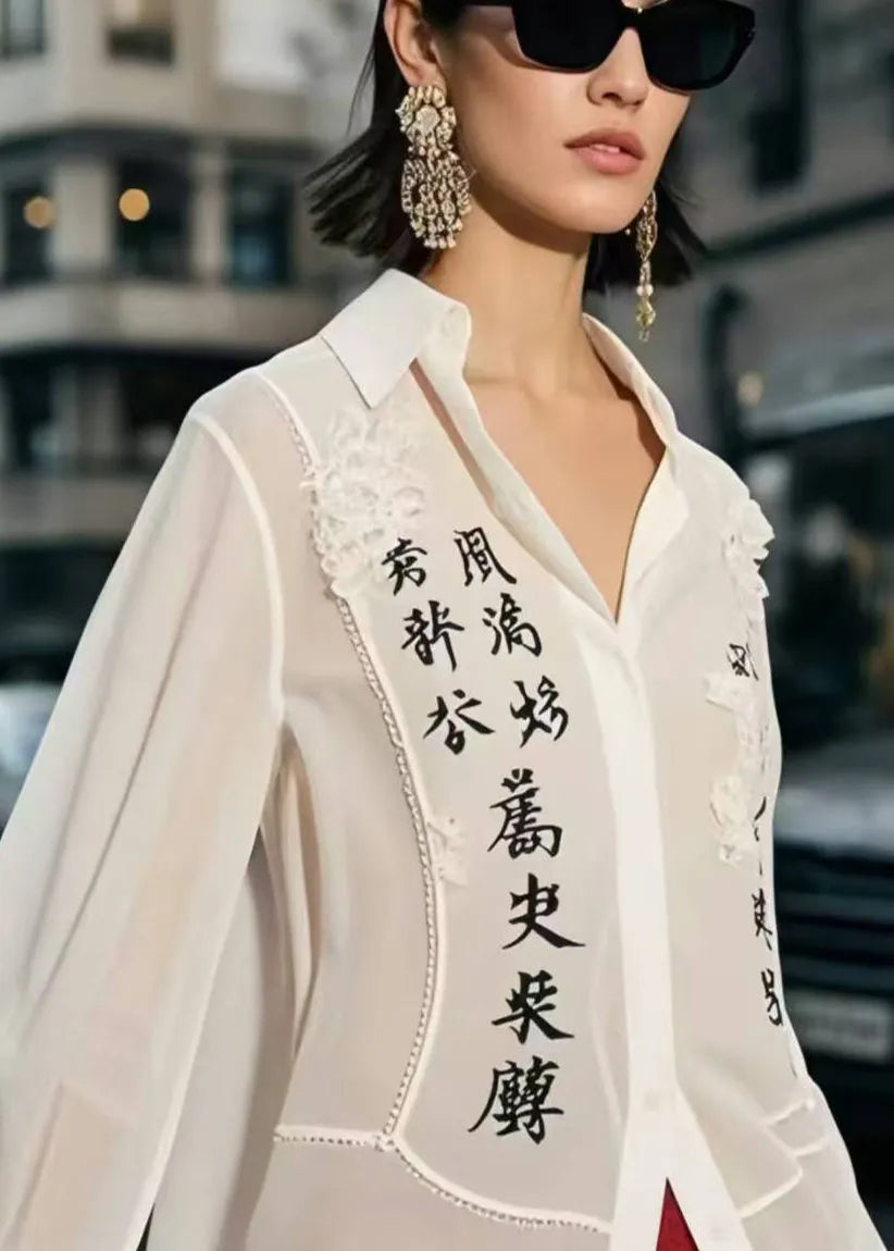 Casual White Patchwork Draping Chiffon Shirt Tops Spring