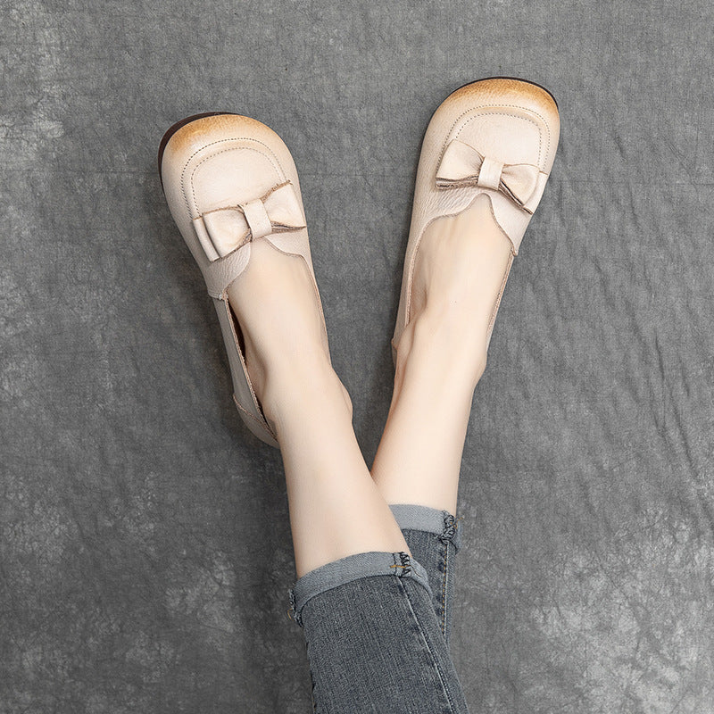 Spring Summer Women Retro Leather Bowknot Loafers
