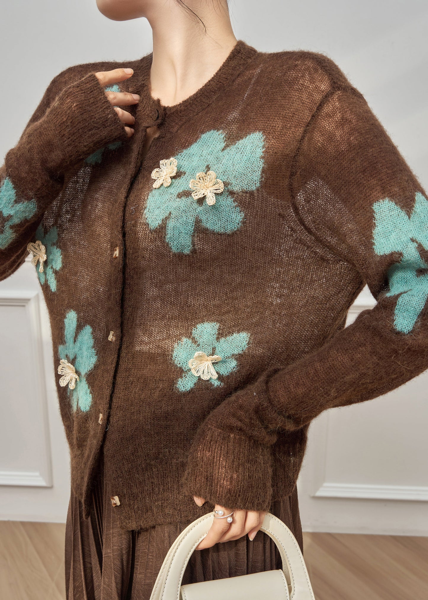 Boho Coffee O-Neck Patchwork Button Cotton Knit Cardigan Fall