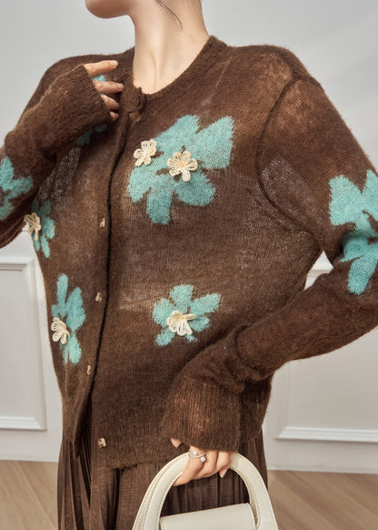Boho Coffee O-Neck Patchwork Button Cotton Knit Cardigan Fall