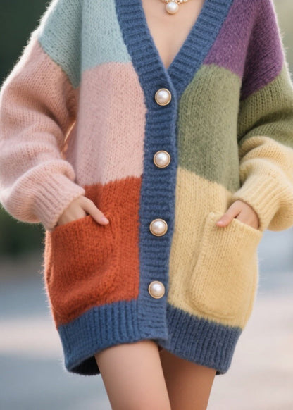Plus Size Colorblock Button Pockets Patchwork Knit Cardigan Fall