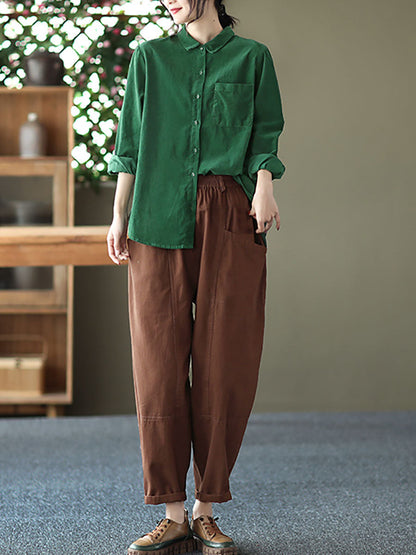Women Spring Artsy Button Pocket Corduroy Solid T-shirt