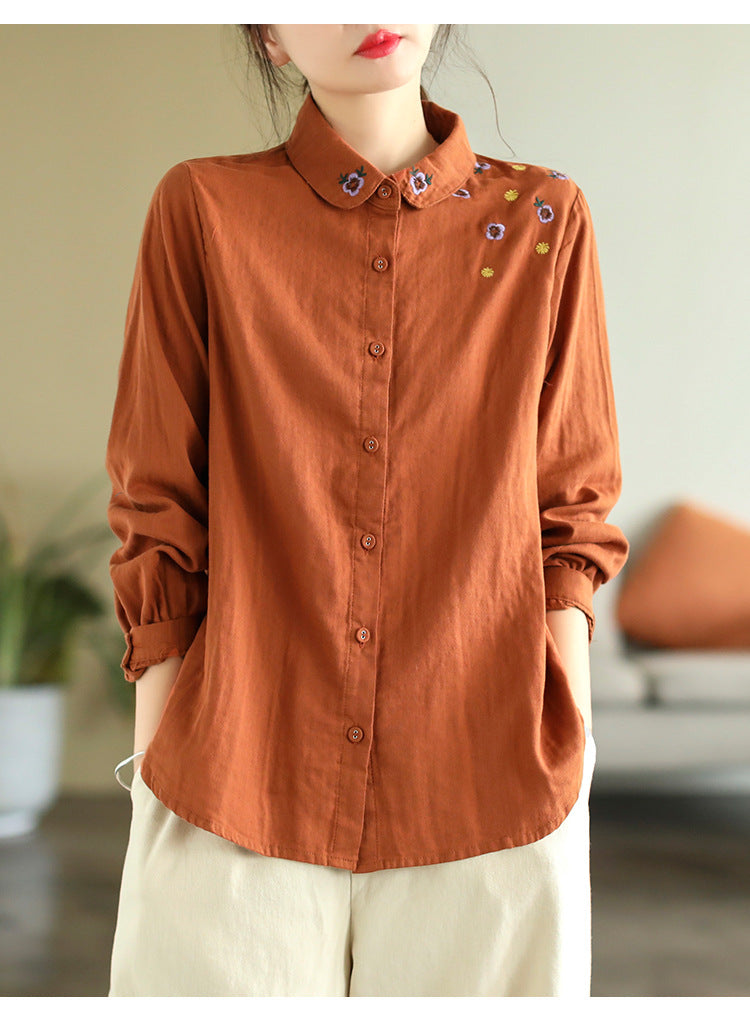 Art Vintage Double Layer Cotton Long Sleeve Floral Embroidery Shirt