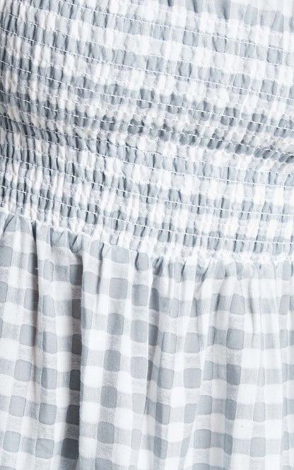 Wilda Mini Dress - Shirred Tiered Dress in Light Blue Gingham