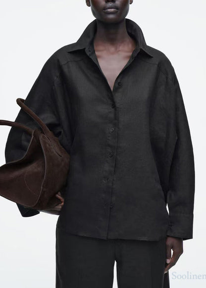 Casual Black Oversized Linen Shirts Fall