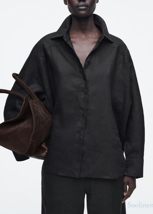 Casual Black Oversized Linen Shirts Fall