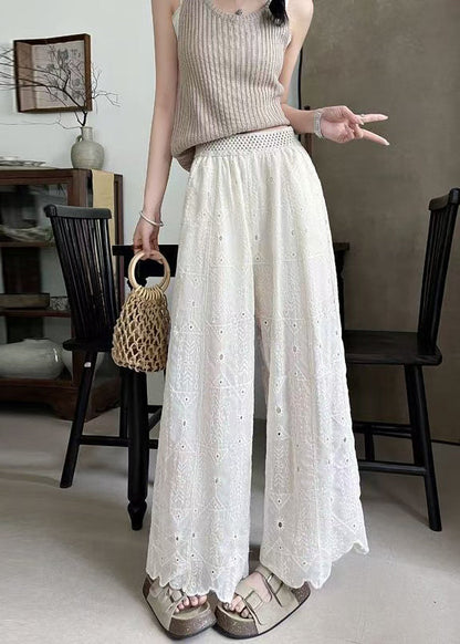 Boho White Embroidered Hollow Out Cotton Pants Summer