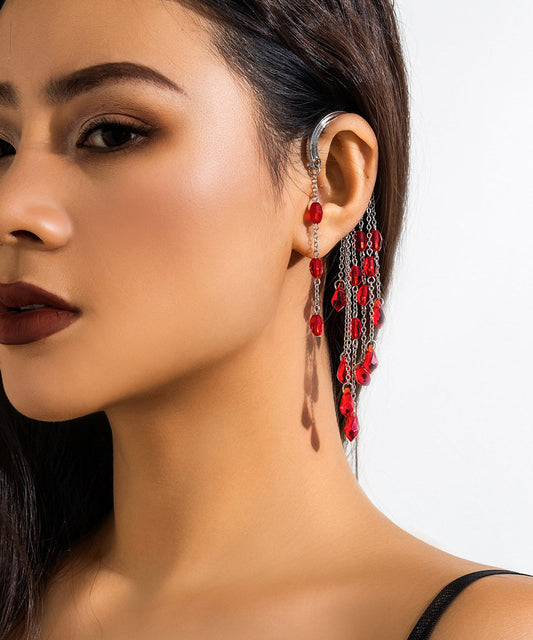 Unique Red Alloy Crystal Chain Tassel Single Drop Earrings