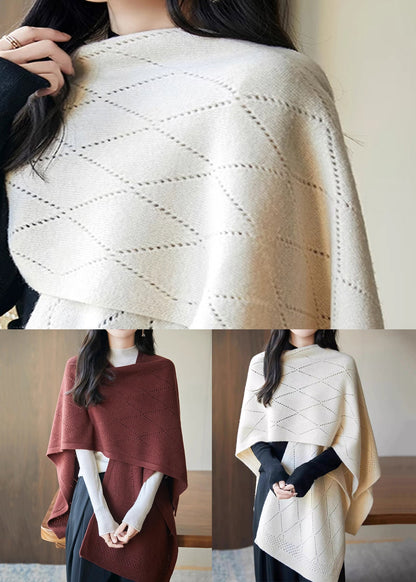 Beige Plaid Cozy Knit Shawl Sweaters Hollow Out