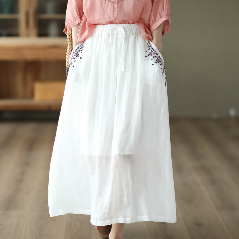 Cozy Vintage Floral Embroidery Thin Linen Skirt