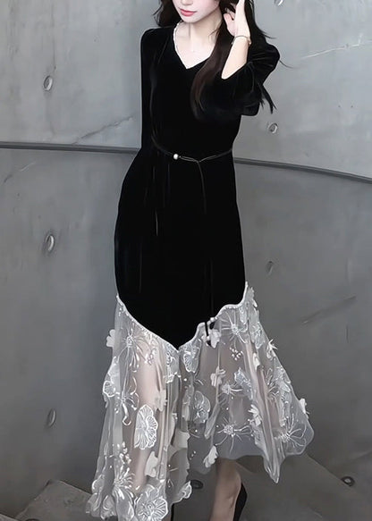 Handmade Black V Neck Floral Tulle Patchwork Silk Velvet Long Dress Bracelet Sleeve