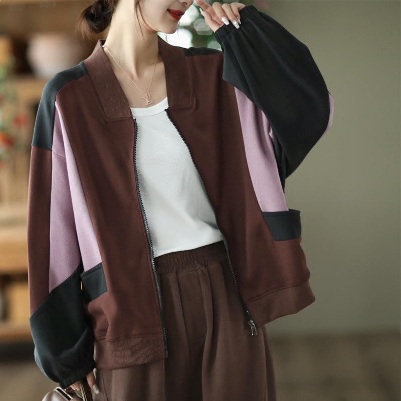 Retro Color-Blocking Loose Long-Sleeved Casual Literary Jacket