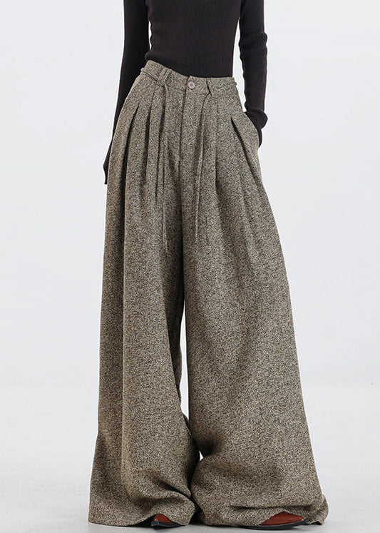 Vintage Khaki Pockets High Waist Woolen Pants Fall