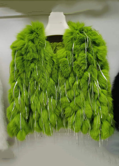 Chic Green Tasseled Original Design Leather And Fur Coats Spring