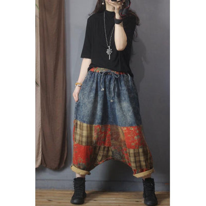 Stitching Pocket Drawstring Denim Low Drop Crotch Baggy Pants