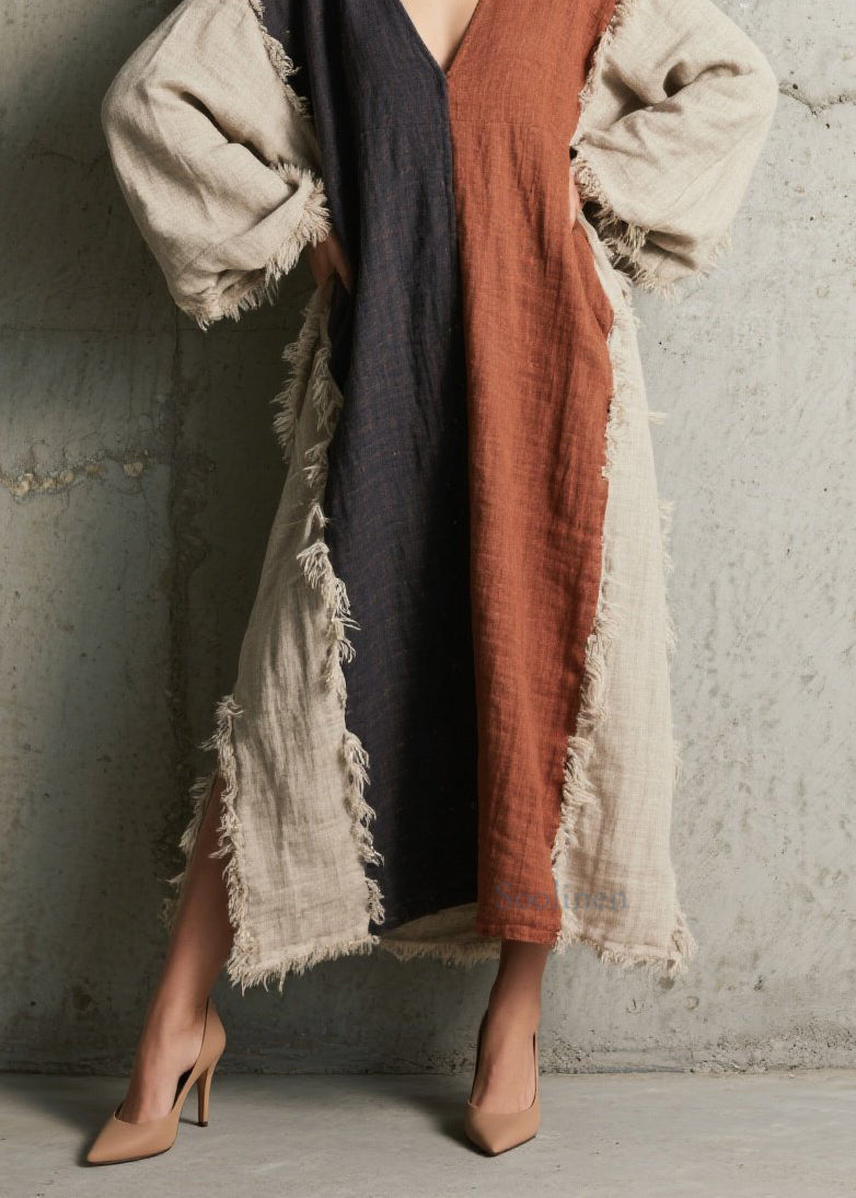 Plus Size Colorblock V Neck Tassel Patchwork Cotton Dress Fall
