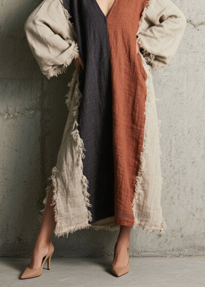 Plus Size Colorblock V Neck Tassel Patchwork Cotton Dress Fall