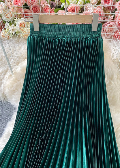 Elegant Green Satin Elastic Waist A Line Skirts Spring