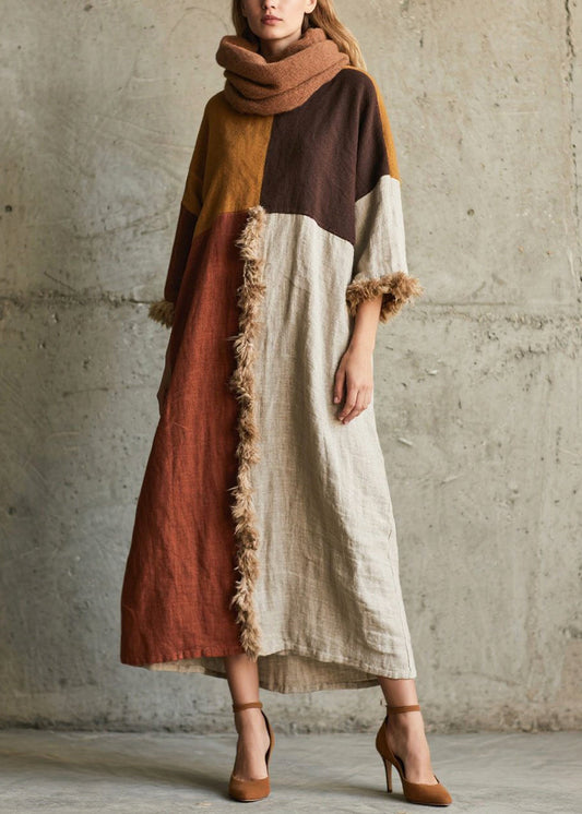 Stylish Colorblock Oversized Patchwork Faux Fur Robe Dresses Bracelet Sleeve