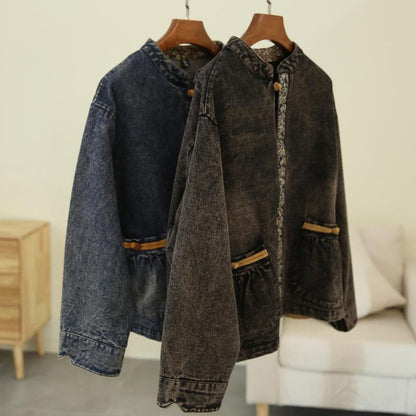 Winter Spring Retro Floral Cotton Denim Coat