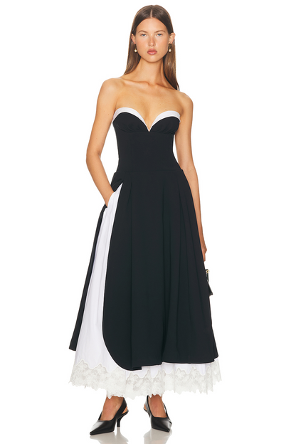 Black & White Contrast Strapless Midi Dress